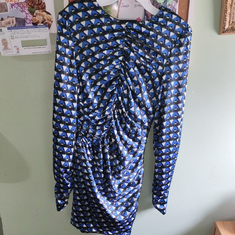 Blue Geometric Long-Sleeve Ruched Dress